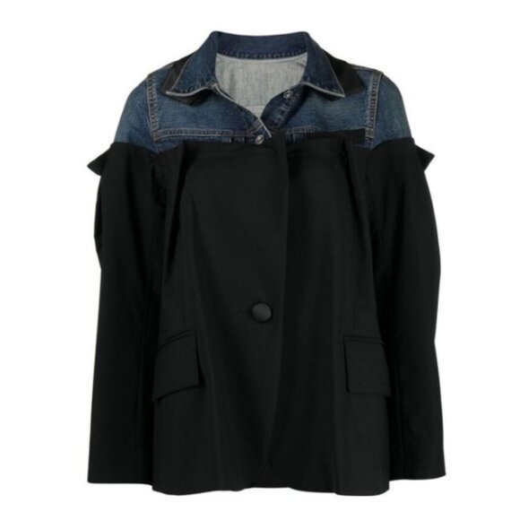 Sacai 21-05517 Mixed Media Blue Denim Jean Jacket Black Wool Sz 1 - Picture 2 of 11